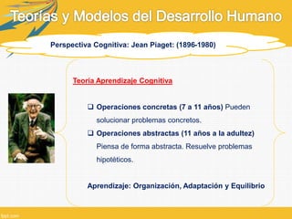 Perspectiva Cognitiva: Jean Piaget: (1896-1980)
Teoría Aprendizaje Cognitiva
 Operaciones concretas (7 a 11 años) Pueden
solucionar problemas concretos.
 Operaciones abstractas (11 años a la adultez)
Piensa de forma abstracta. Resuelve problemas
hipotéticos.
Aprendizaje: Organización, Adaptación y Equilibrio
 