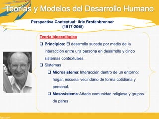 Perspectiva Contextual: Urie Brofenbrenner
(1917-2005)
Teoría bioecológica
 Principios: El desarrollo sucede por medio de la
interacción entre una persona en desarrollo y cinco
sistemas contextuales.
 Sistemas
 Microsistema: Interacción dentro de un entorno:
hogar, escuela, vecindario de forma cotidiana y
personal.
 Mesosistema: Añade comunidad religiosa y grupos
de pares
 