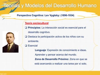 Perspectiva Cognitiva: Lev Vygtsky: (1896-1934)
Teoría sociocultural
 Principios: La interacción social es esencial para el
desarrollo cognitivo.
 Destaca la participación activa de los niños con su
ambiente.
 Esencial
Lenguaje: Expresión de conocimiento e ideas.
Aprender y pensar acerca del mundo.
Zona de Desarrollo Próximo: Zona en que se
está acercando a realizar una tarea por sí solo.
 