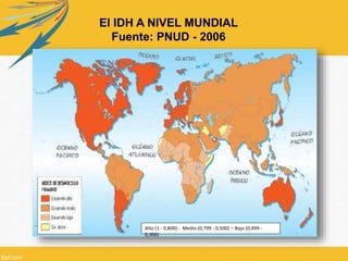 El IDH A NIVEL MUNDIAL
Fuente: PNUD - 2006
Alto (1 - 0,800) - Medio (0,799 - 0,500) - Bajo (0,499 -
0,300)
 