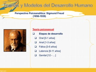 Perspectiva Psicoanalítica: Sigmund Freud
(1856-1939)
Teoría psicosexual
 Etapas de desarrollo
 Oral [0-1 años]
 Anal [1-3 años]
 Fálica [3-5 años]
 Latencia [6-11 años]
 Genital [12 - …]
 