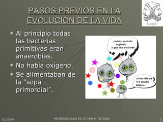 PASOS PREVIOS EN LA EVOLUCIÓN DE LA VIDA Al principio todas las bacterias primitivas eran anaerobias. No había oxígeno. Se alimentaban de la “sopa primordial”. 