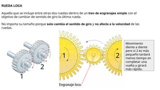 RUEDA LOCA
Aquella que se incluye entre otras dos ruedas dentro de un tren de engranajes simple con el
objetivo de cambiar de sentido de giro la última rueda.
No importa su tamaño porque solo cambia el sentido de giro y no afecta a la velocidad de las
ruedas.
1 2
1
2
Movimiento
diente a diente
pero si 2 es más
pequeño tardará
menos tiempo en
completar una
vuelta y girará
más rápido.
 