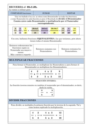 RECUERDA el                m.c.m.
Lo vamos a utilizar para:
 COMPARAR fracciones                                        SUMAR                             RESTAR
      Una vez hallado el m.c.m. se coloca como Denominador en todas las fracciones,
 y como Numerador de cada fracción se pone el Resultado de dividir el Denominador
     Común entre cada Denominador y multiplicarlo por el Numerador
                          correspondiente.

      3       2       7            20:4x3               20:5x2       20:10x7         15       8        14
          ;       ;        =                        ;            ;              =         ;        ;
      4       5       10               20                   20         20            20       20       20


  Con esto, hallamos fracciones EQUIVALENTES a las que teníamos, pero ahora
                        tienen todas el mismo Denominador.

Entonces ordenaremos las
   fracciones según su
                                               Entonces sumamos sus                  Entonces restamos los
 Numerador sea mayor o
                                                   Numeradores.                         Numeradores.
          menor.
 Más o menos a repartir.

MULTIPLICAR FRACCIONES

    Para formar el Numerador, se multiplican los Numeradores y para formar el
                 Denominador se multiplican los Denominadores.

                               4               2             4 x 2              8
                                       x            =                    =
                               5               3             5 x 3              15
                                               FRACCIÓN INVERSA:

 La fracción inversa consiste en cambiar el numerador por el denominador, es decir,
                                   darle la vuelta.
                                     3           5
                                           =
                                     5           3


DIVIDIR FRACCIONES

  Para dividir, se multiplica la primera fracción por la inversa de la segunda. Tal y
                       como hemos explicado la multiplicación.

                                   4            2            4 x 3              12
                                           :            =                   =
                                   5            3            5 x 2              10
 