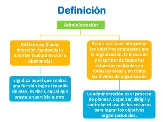 Definición
                         Administración


   Del latín ad (hacía,              Pasó a ser la de interpretar
 dirección, tendencia) y           los objetivos propuestos por
minister (subordinación u           la organización, la dirección
       obediencia)                     y el control de todos los
                                       esfuerzos realizados en
                                      todas las áreas y en todos
                                     los niveles de organización
 significa aquel que realiza
una función bajo el mando
de otro, es decir, aquel que      La administración es el proceso
 presta un servicio a otro.        de planear, organizar, dirigir y
                                  controlar el uso de los recursos
                                      para lograr los objetivos
                                         organizacionales.
 