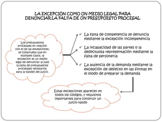 LA EXCEPCIÓN COMO UN MEDIO LEGAL PARA
DENUNCIAR LA FALTA DE UN PRESUPUESTO PROCESAL

Los presupuestos
procesales en relación
con el de las excepciones,
se comprueba que en
múltiples casos, la
excepción es un medio
legal de denunciar al juez
la falta de presupuestos
procesales necesarios
para la validez del juicio.

 La falta de competencia se denuncia
mediante la excepción incompetencia
 La incapacidad de las partes o la
defectuosa representación mediante la
falta de personería
 La ausencia de la demanda mediante la
excepción de defecto en las formas en
el modo de preparar la demanda

Estas excepciones aparecen en
todos los códigos, y requisitos
importantes para construir un
juicio valido

 