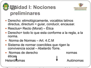 Unidad I: Nociones
preliminares

UNIVERSIDAD
COOPERATIVA
DE COLOMBIA
IBAGUE

 Derecho: etimológicamente, vocablos latinos

directus, directum = guiar, conducir, encausar.
 Resctus= Recto (Moral) – Ética
 Derecho= todo lo que esta conforme a la regla, a la
norma.
 Norma de Normas – Art. 4.C.M
 Sistema de normar coercibles que rigen la
convivencia social – Abelardo Torre.
 Normas de derecho
normas
éticas
Heterónomas
Autónomas

 