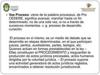 UNIVERSIDAD
COOPERATIVA
DE COLOMBIA
IBAGUE

 Voz Proceso: viene de la palabra processus, de Pro

CEDERE, significa avanzar, marchar hasta un fin
determinado, no de una sola vez, si no a través de
sucesivos momentos. v. g. proceso de desarrollo,
curación.
El proceso en si mismo, es un medio de debate que se
desarrolla en etapas determinadas, en el que participan:
jueces, peritos, auxiliadores, partes, testigos, etc.
Quienes actúan en formas prestablecidas en la ley –
Ellas constituyen el PROCEDIMIENTO y resguardan la
producción de actos jurídicos procesales, actos humanos
dirigidos por la voluntad jurídica. – El proceso supone
una actividad generadora de actos jurídicos reglados,
encaminados a obtener resolución jurisdiccional.

 