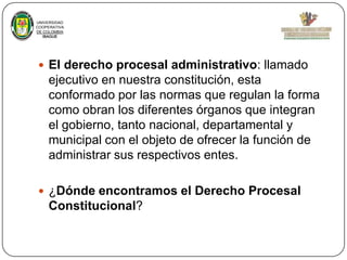 UNIVERSIDAD
COOPERATIVA
DE COLOMBIA
IBAGUE

 El derecho procesal administrativo: llamado

ejecutivo en nuestra constitución, esta
conformado por las normas que regulan la forma
como obran los diferentes órganos que integran
el gobierno, tanto nacional, departamental y
municipal con el objeto de ofrecer la función de
administrar sus respectivos entes.
 ¿Dónde encontramos el Derecho Procesal

Constitucional?

 