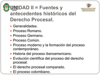 UNIDAD II = Fuentes y
antecedentes históricos del
Derecho Procesal.
UNIVERSIDAD
COOPERATIVA
DE COLOMBIA
IBAGUE

 Generalidades.
 Proceso Romano.
 Proceso Germano.
 Proceso Común.
 Proceso moderno y la formación del proceso







contemporáneo.
Historia del proceso iberoamericano.
Evolución científica del proceso del derecho
procesal.
El derecho procesal comparado.
El proceso colombiano.

 