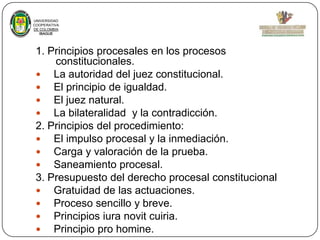 UNIVERSIDAD
COOPERATIVA
DE COLOMBIA
IBAGUE

1. Principios procesales en los procesos
constitucionales.
 La autoridad del juez constitucional.
 El principio de igualdad.
 El juez natural.
 La bilateralidad y la contradicción.
2. Principios del procedimiento:
 El impulso procesal y la inmediación.
 Carga y valoración de la prueba.
 Saneamiento procesal.
3. Presupuesto del derecho procesal constitucional
 Gratuidad de las actuaciones.
 Proceso sencillo y breve.
 Principios iura novit cuiria.
 Principio pro homine.

 