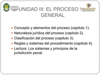 UNIVERSIDAD
COOPERATIVA
DE COLOMBIA
IBAGUE

UNIDAD III: EL PROCESO EN
GENERAL

 Concepto y elementos del proceso (capitulo 1).
 Naturaleza jurídica del proceso (capitulo 2).
 Clasificación del proceso (capitulo 3).

 Reglas y sistemas del procedimiento (capitulo 4).
 Lectura: Los sistemas y principios de la

jurisdicción penal.

 