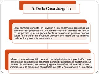 ñ. De la Cosa Juzgada

Este principio consiste en revestir a las sentencias proferidas en
determinados procesos de una calidad especial, en virtud de la cual
no se permite que las partes frente a quienes se profiere puedan
volver a instaurar un segundo proceso con base en los mismos
pedimentos y sobre iguales hechos.

Guarda, en cierto sentido, relación con el principio de la preclusión, pues
los efectos de ambas se concretan a impedir actuaciones posteriores. La
diferencia reside en que la cosa juzgada tiene efectos fuera del proceso,
mientras que la preclusión obra dentro de este y con respecto a una etapa.

 
