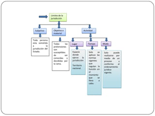 Limites de la
jurisdicción

Subjetivo

Toda persona
esta sometida
a
la
jurisdicción del
Estado.

Objetivo o
material

Todas
las
pretensiones
son
susceptibles
de
ser
conocidas y
decididas por
la rama.

Actividad

Lugar
Espacio
donde
ejerce
la
jurisdicción
Territorio
nacional.

Tiempo

Solo
se
aplican las
normas
vigentes
que
regulan la
función en
el
momento
que
se
lleva
a
cabo.

Modo

Solo
puede
realizarse por
medio de un
proceso
y
conforma
al
ordenamiento
jurídico
vigente.

 