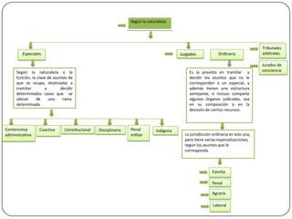Según la naturaleza

Especiales

Juzgados

Según la naturaleza o la
función, la clase de asuntos de
que se ocupa, destinadas a
tramitar
y
decidir
determinados casos que se
ubican
de
una
rama.
determinada

Contenciosa
administrativa

Coactiva

Constitucional

Ordinaria

Es la prevista en tramitar y
decidir los asuntos que no le
corresponden a un especial, y
además tienen una estructura
semejante, e incluso comparte
algunos órganos judiciales, sea
en su composición o en la
decisión de ciertos recursos.

Disciplinaria

Penal
militar

Indígena

La jurisdicción ordinaria es solo una,
pero tiene varias especializaciones,
según los asuntos que le
corresponda.

Familia
Penal
Agrario
Laboral

Tribunales
arbitrales
Jurados de
conciencia

 