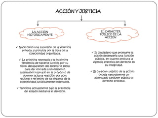 ACCIÓN Y JUSTICIA

LA ACCIÓN
HISTORICAMENTE

 Nace como una supresión de la violencia
privada, sustituida por la obra de la
colectividad organizada.
 La primitiva represalia y la instintiva
tendencia de hacerse justicia por su
mano, desaparecen del escenario social
para dar entrada a un elemento
sustitutivo inspirado en el propósito de
obtener la justa reacción por acto
racional y reflexivo de los órganos de la
colectividad jurídicamente ordenados.
 Funciona actualmente bajo la presencia
del estado mediante el derecho.

EL CARÁCTER
PÚBLICO DE LA
ACCION

 El ciudadano que promueve la
acción desempeña una función
pública, en cuanto procura la
vigencia efectiva del derecho en
su integridad.
 El carácter público de la acción
otorga naturalmente un
acentuado carácter público al
derecho procesal.

 