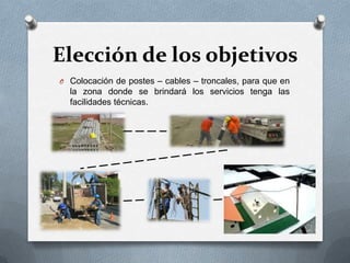 Elección de los objetivos
O Colocación de postes – cables – troncales, para que en

la zona donde se brindará los servicios tenga las
facilidades técnicas.

 