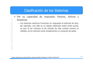 17
Clasificación de los Sistemas
• Por su capacidad de respuesta: Pasivos, Activos y
Reactivos
– Los sistemas reactivos funcionan en respuesta al estímulo de otro,
por ejemplo, una silla es un objeto abstracto hasta cierto punto,
ya que el ser humano le da sentido de silla cuando conoce su
utilidad, de lo contrario sería simplemente un conjunto de palos.
Fuente: Introducción a la Administración, Sergio Hernández y Rodríguez, 5ª Edición, McGraw Hill
 
