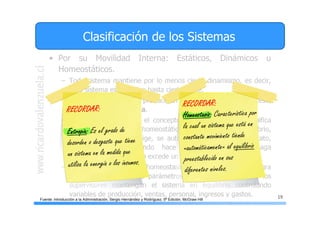 19
Clasificación de los Sistemas
• Por su Movilidad Interna: Estáticos, Dinámicos u
Homeostáticos.
– Todo sistema mantiene por lo menos cierto dinamismo, es decir,
todo sistema es dinámico hasta cierto límite.
– Este dinamismo interno produce un efecto de caso en su proceso,
conocido como Entropía.
– Es importante conocer el concepto Homeostasis que significa
equilibrio. Un sistema homeostático siempre está en equilibrio,
actúa solo, se autocorrige, se autorregula, como el termostato,
que actúa sólo cuando hace falta calor y se apaga
automáticamente cuando excede un nivel.
– En una organización, la homeostasis no es automática, se logra
gracias a la fijación de parámetros de eficiencia para que los
supervisores mantengan el sistema en equilibrio controlando
variables de producción, ventas, personal, ingresos y gastos.
Fuente: Introducción a la Administración, Sergio Hernández y Rodríguez, 5ª Edición, McGraw Hill
 