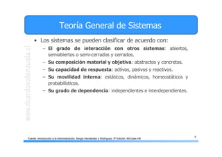 4
Teoría General de Sistemas
• Los sistemas se pueden clasificar de acuerdo con:
– El grado de interacción con otros sistemas: abiertos,
semiabiertos o semi-cerrados y cerrados.
– Su composición material y objetiva: abstractos y concretos.
– Su capacidad de respuesta: activos, pasivos y reactivos.
– Su movilidad interna: estáticos, dinámicos, homeostáticos y
probabilísticos.
– Su grado de dependencia: independientes e interdependientes.
Fuente: Introducción a la Administración, Sergio Hernández y Rodríguez, 5ª Edición, McGraw Hill
 