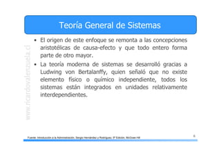 6
Teoría General de Sistemas
• El origen de este enfoque se remonta a las concepciones
aristotélicas de causa-efecto y que todo entero forma
parte de otro mayor.
• La teoría moderna de sistemas se desarrolló gracias a
Ludwing von Bertalanffy, quien señaló que no existe
elemento físico o químico independiente, todos los
sistemas están integrados en unidades relativamente
interdependientes.
Fuente: Introducción a la Administración, Sergio Hernández y Rodríguez, 5ª Edición, McGraw Hill
 
