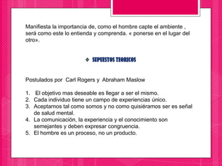 Manifiesta la importancia de, como el hombre capte el ambiente ,
será como este lo entienda y comprenda. « ponerse en el lugar del
otro».
SUPUESTOS TEORICOS
Postulados por Carl Rogers y Abraham Maslow
1. El objetivo mas deseable es llegar a ser el mismo.
2. Cada individuo tiene un campo de experiencias único.
3. Aceptarnos tal como somos y no como quisiéramos ser es señal
de salud mental.
4. La comunicación, la experiencia y el conocimiento son
semejantes y deben expresar congruencia.
5. El hombre es un proceso, no un producto.
 
