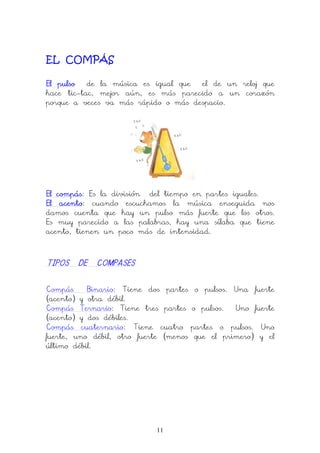 11
EL COMPÁS
El pulsoEl pulsoEl pulsoEl pulso de la música es igual que el de un reloj que
hace tic-tac, mejor aún, es más parecido a un corazón
porque a veces va más rápido o más despacio.
El cEl cEl cEl compásompásompásompás: Es la división del tiempo en partes iguales.
El acentoEl acentoEl acentoEl acento: cuando escuchamos la música enseguida nos
damos cuenta que hay un pulso más fuerte que los otros.
Es muy parecido a las palabras, hay una sílaba que tiene
acento, tienen un poco más de intensidad.
TIPOS DE COMPASESTIPOS DE COMPASESTIPOS DE COMPASESTIPOS DE COMPASES
Compás Binario: Tiene dos partes o pulsos. Una fuerte
(acento) y otra débil.
Compás Ternario: Tiene tres partes o pulsos. Uno fuerte
(acento) y dos débiles.
Compás cuaternario: Tiene cuatro partes o pulsos. Uno
fuerte, uno débil, otro fuerte (menos que el primero) y el
último débil.
 