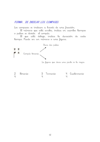 12
FORMA DE INDICAR LOS COMPASESFORMA DE INDICAR LOS COMPASESFORMA DE INDICAR LOS COMPASESFORMA DE INDICAR LOS COMPASES
Los compases se indican a través de una fracción.
El número que está arriba, indica en cuantos tiempos
o pulsos se divide el compás.
El que está debajo, indica la duración de cada
tiempo. Puede ser un número o una figura.
Dura dos pulsos
Compás binario.
La figura que dura una parte es la negra
2 Binario 3 Ternario 4 Cuaternario
4 4 4
 