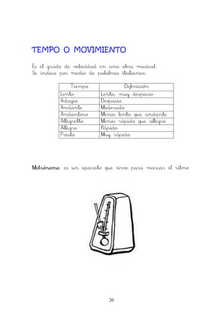 20
TEMPO O MOVIMIENTO
Es el grado de velocidad en una obra musical.
Se indica por medio de palabras italianas:
Tiempo Definición
Lento Lento, muy despacio
Adagio Despacio
Andante Moderado
Andantino Menos lento que andante
Allegretto Menos rápido que allegro
Allegro Rápido
Presto Muy rápido
MetrónomoMetrónomoMetrónomoMetrónomo: es un aparato que sirve para marcar el ritmo
 