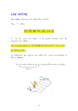 4
LAS NOTAS
Las notasLas notasLas notasLas notas expresan los diferentes sonidos
Hay 7 notas:
DODODODO----RERERERE----MIMIMIMI----FAFAFAFA----SOLSOLSOLSOL----LALALALA----SISISISI
A la 1ª serie de notas, se le puede añadir una 2ª,
después una 3ª,etc...
do-re-mi-fa-sol-la-si- DO-RE-MI-FA-SOL-LA-SI- do-re-mi-
fa-sol-la-si-etc...
La distancia que separa dos notas de series inmediatas se
llama octava.octava.octava.octava.
Do-re-mi-fa-sol-la-si-do-re-mi-fa-sol-la-si-do-re-mi-fa-
__________
octava
 