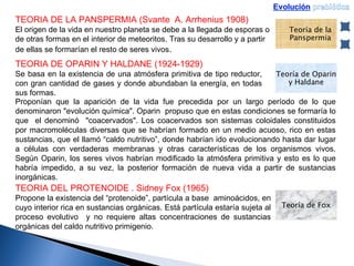 TEORIA DE LA PANSPERMIA (Svante  A. Arrhenius 1908) El origen de la vida en nuestro planeta se debe a la llegada de esporas o de otras formas en el interior de meteoritos. Tras su desarrollo y a partir de ellas se formarían el resto de seres vivos . TEORIA DE OPARIN Y HALDANE (1924-1929) Se basa en la existencia de una atmósfera primitiva de tipo reductor, con gran cantidad de gases y donde abundaban la energía, en todas sus formas.  Proponían que la aparición de la vida fue precedida por un largo período de lo que denominaron "evolución química". Oparin  propuso que en estas condiciones se formaría lo que  el denominó  "coacervados". Los coacervados son sistemas coloidales constituidos por macromoléculas diversas que se habrían formado en un medio acuoso, rico en estas sustancias, que el llamó “caldo nutritivo”, donde habrían ido evolucionando hasta dar lugar a células con verdaderas membranas y otras características de los organismos vivos. Según Oparin, los seres vivos habrían modificado la atmósfera primitiva y esto es lo que habría impedido, a su vez, la posterior formación de nueva vida a partir de sustancias inorgánicas.  TEORIA DEL PROTENOIDE . Sidney Fox (1965) Propone la existencia del “protenoide”, partícula a base  aminoácidos, en cuyo interior rica en sustancias orgánicas. Está partícula estaría sujeta al proceso evolutivo  y no requiere altas concentraciones de sustancias orgánicas del caldo nutritivo primigenio.  Teoría de la Panspermia Teoría de Oparin y Haldane Teoría de Fox 