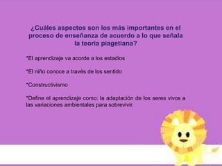 ¿Cuáles aspectos son los más importantes en el
 proceso de enseñanza de acuerdo a lo que señala
               la teoría piagetiana?

*El aprendizaje va acorde a los estadios

*El niño conoce a través de los sentido

*Constructivismo

*Define el aprendizaje como: la adaptación de los seres vivos a
las variaciones ambientales para sobrevivir.
 