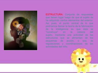ESTRUCTURA: Conjunto de respuestas
que tienen lugar luego de que el sujeto de
ha adquirido ciertos elementos del exterior.
Así pues, el punto central de lo que
podríamos llamar la teoría de la fabricación
de la inteligencia es que ésta se
"construye"     en     la   cabeza       del
sujeto, mediante una actividad de las
estructuras que se alimentan de los
esquemas de acción, o sea, de
regulaciones y coordinaciones de las
actividades del niño.
 