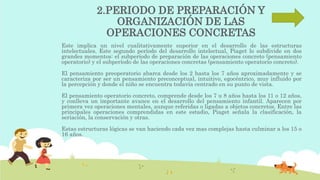 2.PERIODO DE PREPARACIÓN Y
ORGANIZACIÓN DE LAS
OPERACIONES CONCRETAS
Este implica un nivel cualitativamente superior en el desarrollo de las estructuras
intelectuales. Este segundo período del desarrollo intelectual, Piaget lo subdivide en dos
grandes momentos: el subperíodo de preparación de las operaciones concreto (pensamiento
operatorio) y el subperíodo de las operaciones concretas (pensamiento operatorio concreto).
El pensamiento preoperatorio abarca desde los 2 hasta los 7 años aproximadamente y se
caracteriza por ser un pensamiento preconceptual, intuitivo, egocéntrico, muy influido por
la percepción y donde el niño se encuentra todavía centrado en su punto de vista.
El pensamiento operatorio concreto, comprende desde los 7 u 8 años hasta los 11 o 12 años,
y conlleva un importante avance en el desarrollo del pensamiento infantil. Aparecen por
primera vez operaciones mentales, aunque referidas o ligadas a objetos concretos. Entre las
principales operaciones comprendidas en este estadio, Piaget señala la clasificación, la
seriación, la conservación y otras.
Estas estructuras lógicas se van haciendo cada vez mas complejas hasta culminar a los 15 o
16 años.
 