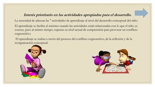 Interés prioritario en las actividades apropiadas para el desarrollo.
La necesidad de adecuar las " actividades de aprendizaje al nivel del desarrollo conceptual del niño.
El aprendizaje se facilita al máximo cuando las actividades están relacionadas con lo que el niño ya
conoce, pero al mismo tiempo, superan su nivel actual de comprensión para provocar un conflicto
cognoscitivo.
El aprendizaje se realiza a través del proceso del conflicto cognoscitivo, de la reflexión y de la
reorganización conceptual.
 