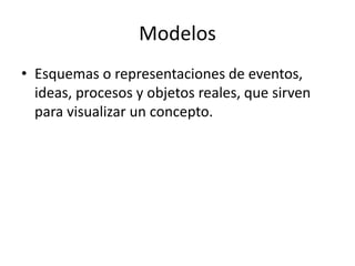 Modelos
• Esquemas o representaciones de eventos,
  ideas, procesos y objetos reales, que sirven
  para visualizar un concepto.
 