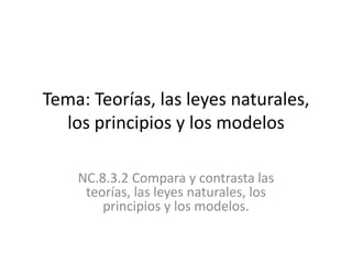 Tema: Teorías, las leyes naturales,
  los principios y los modelos

    NC.8.3.2 Compara y contrasta las
     teorías, las leyes naturales, los
        principios y los modelos.
 