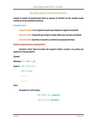 PROGRAMACIÓN LINEAL

                          SOLUCIÓN GRÁFICA DE PROBLEMAS DE PL.
Cuando un modelo de programación lineal se expresa en términos de dos variables puede
resolverse con procedimientos gráficos.

Conceptos clave:

         Conjunto factible: Es el conjunto de puntos que integran la región de resolución.

         Solución factible: Cada punto que integra la región (plana) que resuelve el problema.

         Solución óptima: Constituye la solución al problema de programación lineal.

¿Cuál es el objetivo de la solución gráfica?

       Encontrar (entre todos los puntos del conjunto factible) el punto o los puntos que
optimicen la función objetivo.

Ejemplo:

Maximizar            3         2

Sujeto a 2           3Y        12

           2       Y       8

                 0

                 0

Paso 1

         Se igualan las restricciones:

                                    2    3Y     12 Ecuación 1

                                    2     Y    8 Ecuación 2




BORJA                                                                                  Página 3
 