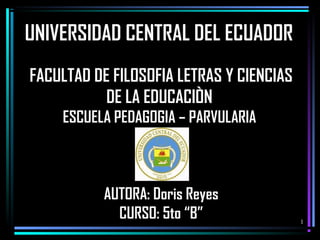 UNIVERSIDAD CENTRAL DEL ECUADOR
FACULTAD DE FILOSOFIA LETRAS Y CIENCIAS
           DE LA EDUCACIÒN
    ESCUELA PEDAGOGIA – PARVULARIA



           AUTORA: Doris Reyes
             CURSO: 5to “B”               1
 