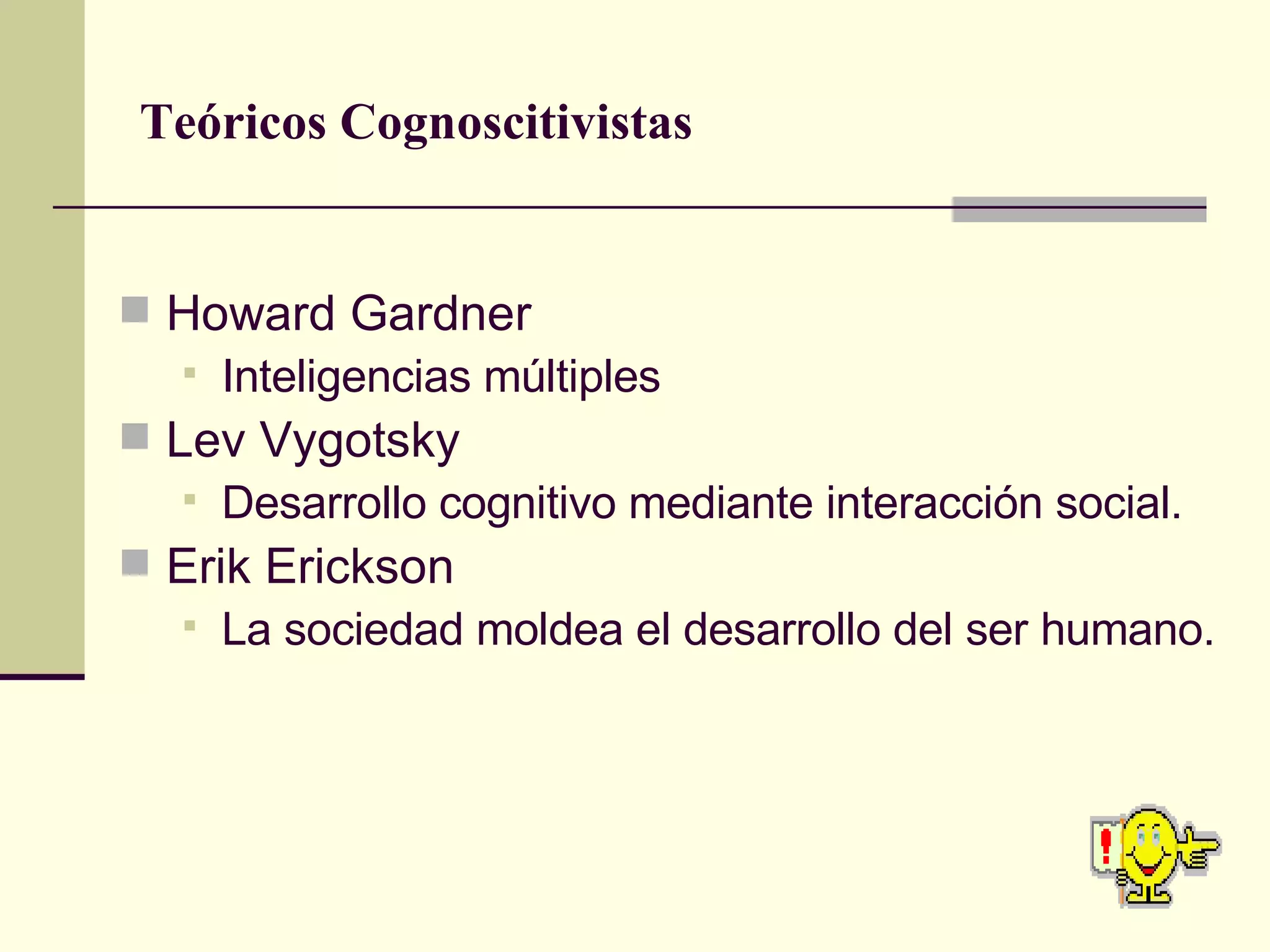 Teóricos Cognoscitivistas Howard Gardner Inteligencias múltiples Lev Vygotsky Desarrollo cognitivo mediante interacción social. Erik Erickson La sociedad moldea el desarrollo del ser humano. 