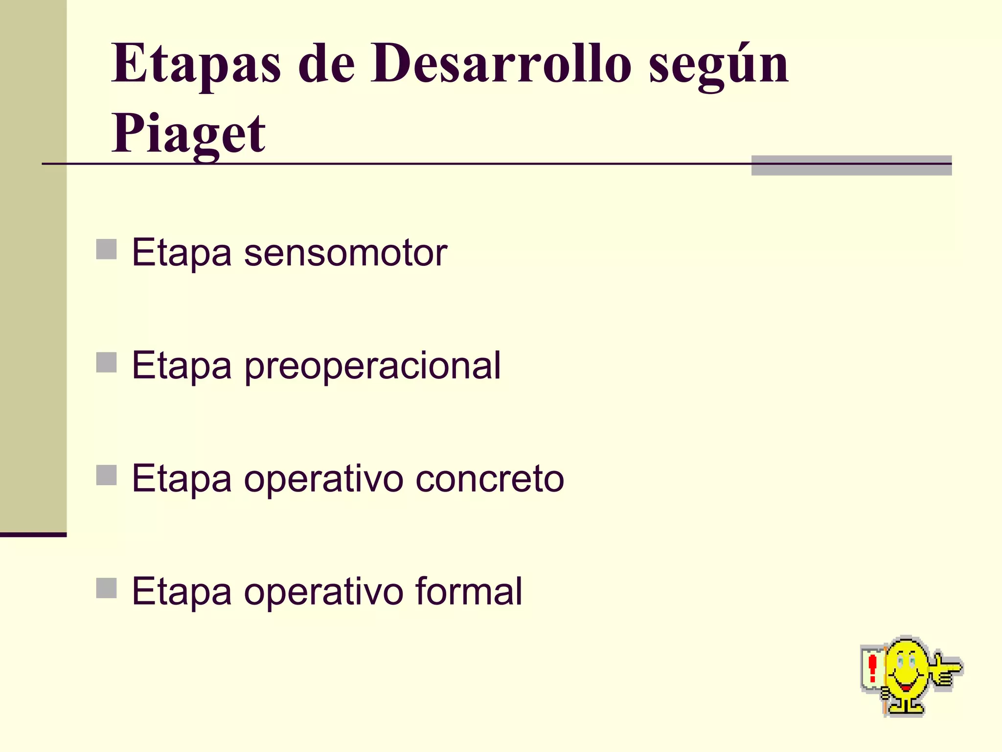 Etapas de Desarrollo según Piaget Etapa sensomotor Etapa preoperacional Etapa operativo concreto Etapa operativo formal 