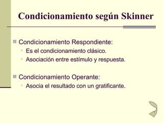 Condicionamiento según Skinner <ul><li>Condicionamiento Respondiente: </li></ul><ul><ul><li>Es el condicionamiento clásico...