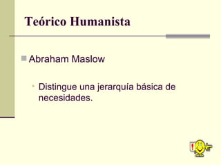 Teórico Humanista <ul><li>Abraham Maslow </li></ul><ul><ul><li>Distingue una jerarquía básica de necesidades. </li></ul></ul>