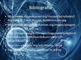 Bibliografía http://www.museothyssen.org/thyssen/actividades/img/Amigos_Curso_Paisaje_%20Americano.jpg http://www.patagoniavolunteer.org/images/patagonia_volunteer_02_640.jpg http://images.google.cl/images?imgsz=xxlarge&gbv=2&hl=es&q=monte%20verde&um=1&ie=UTF-8&sa=N&tab=wi http://en.wikipedia.org/wiki/Monte_Verde http://alumno.elsabio.com/tmp/3478.htm 