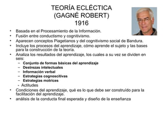 TEORÍA ECLÉCTICA (GAGNÉ ROBERT) 1916 Basada en el Procesamiento de la Información. Fusión entre conductismo y cognitivismo. Aparecen conceptos Piagetianos y del cognitivismo social de Bandura. Incluye los procesos del aprendizaje, cómo aprende el sujeto y las bases para la construcción de la teoría.  Analiza los resultados del aprendizaje, los cuales a su vez se dividen en seis:  Conjunto de formas básicas del aprendizaje  Destrezas intelectuales  Información verbal  Estrategias cognoscitivas  Estrategias motrices   -  Actitudes Condiciones del aprendizaje, qué es lo que debe ser construído para la facilitación del aprendizaje.  análisis de la conducta final esperada y diseño de la enseñanza  