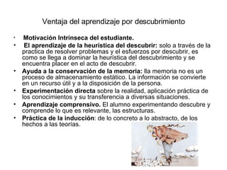 Ventaja del aprendizaje por descubrimiento Motivación Intrínseca del estudiante. El aprendizaje de la heurística del descubrir:  solo a través de la practica de resolver problemas y el esfuerzos por descubrir, es como se llega a dominar la heurística del descubrimiento y se encuentra placer en el acto de descubrir. Ayuda a la conservación de la memoria:  lla memoria no es un proceso de almacenamiento estático. La información se convierte en un recurso útil y a la disposición de la persona. Experimentación directa  sobre la realidad, aplicación práctica de los conocimientos y su transferencia a diversas situaciones. Aprendizaje comprensivo.  El alumno experimentando descubre y comprende lo que es relevante, las estructuras. Práctica de la inducción : de lo concreto a lo abstracto, de los hechos a las teorías. 