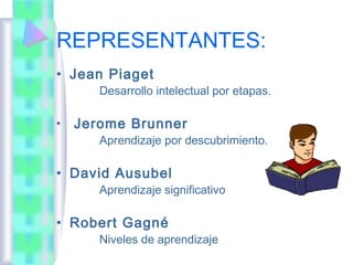 REPRESENTANTES:
• Jean Piaget
       Desarrollo intelectual por etapas.

•   Jerome Brunner
       Aprendizaje por descubrimiento.

• David Ausubel
       Aprendizaje significativo

• Robert Gagné
       Niveles de aprendizaje
 