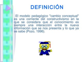 DEFINICIÓN
 El modelo pedagógico "cambio conceptual"
es una corriente del constructivismo en la
que se considera que el conocimiento es
siempre una interacción entre la nueva
información que se nos presenta y lo que ya
se sabe (Pozo, 1996).
 