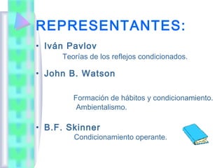 REPRESENTANTES:
• Iván Pavlov
     Teorías de los reflejos condicionados.

• John B. Watson

        Formación de hábitos y condicionamiento.
         Ambientalismo.

• B.F. Skinner
        Condicionamiento operante.
 