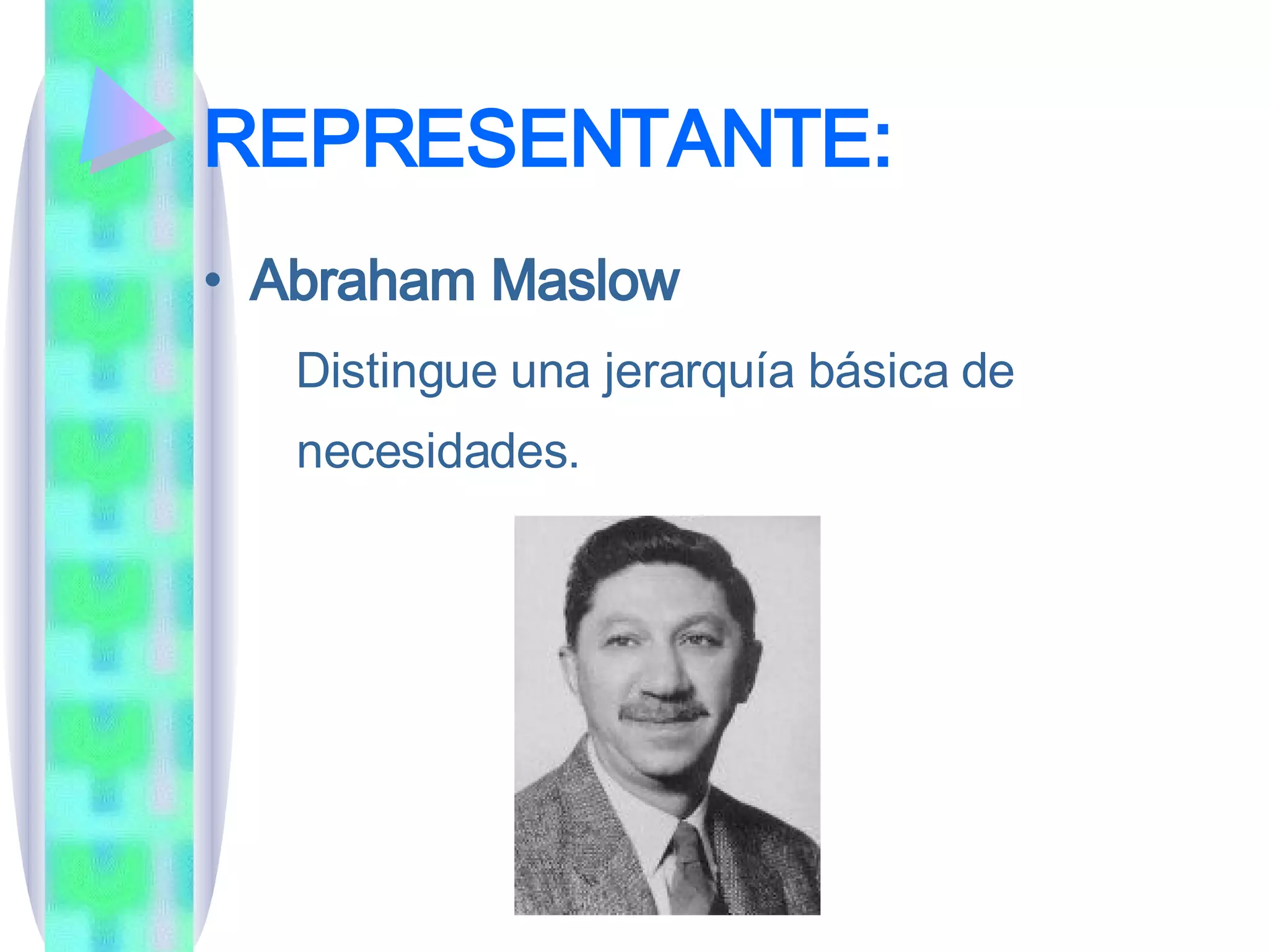 REPRESENTANTE: Abraham Maslow  Distingue una jerarquía básica de necesidades. 